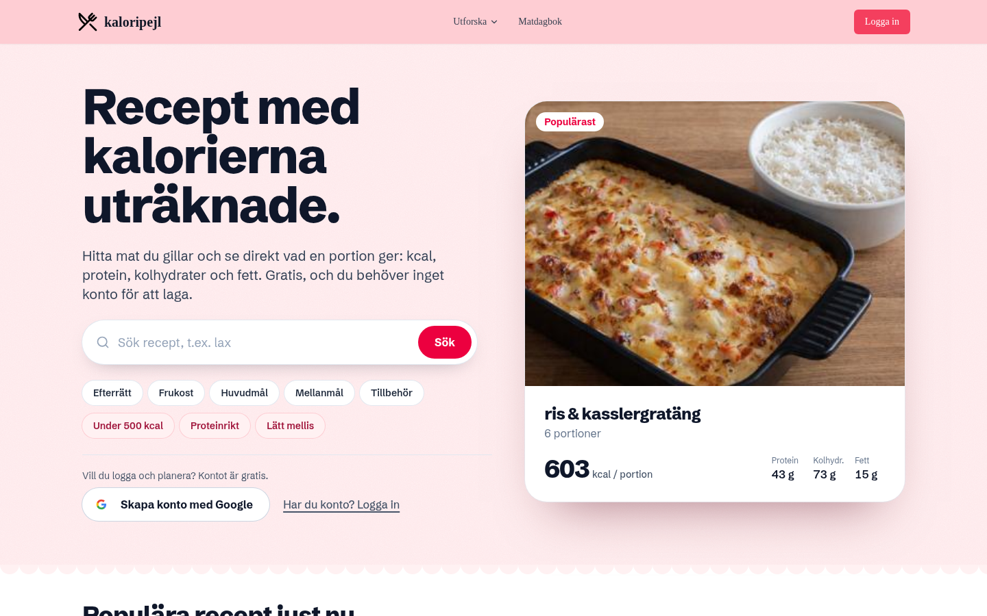 Sök, filterchips och populära recept med näringsvärde per portion.