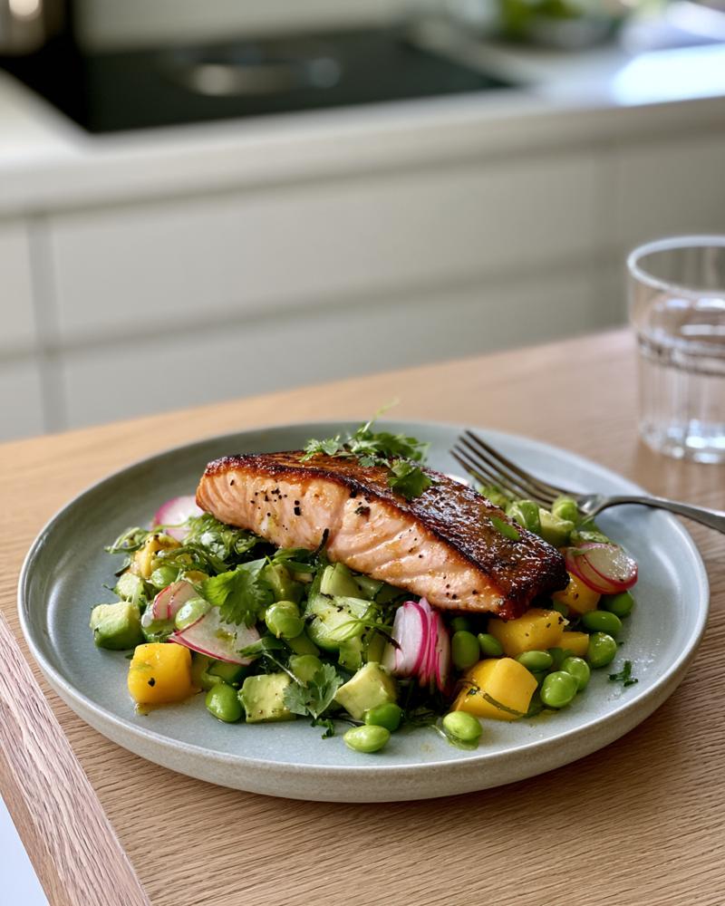 nudelsallad med stekt lax